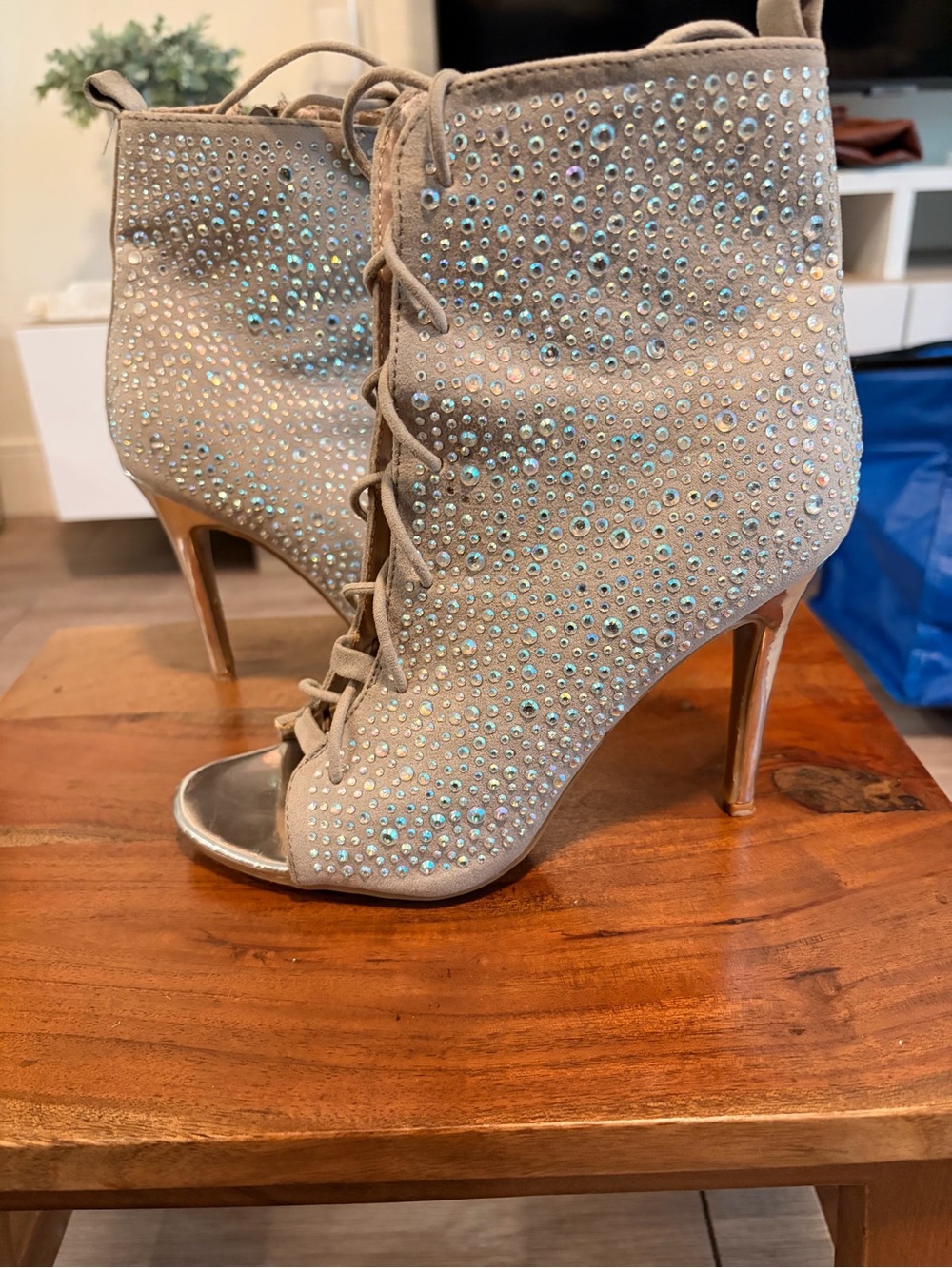 Anne Michelle Beige Lace-Up Rhinestone Open-Toe Heels